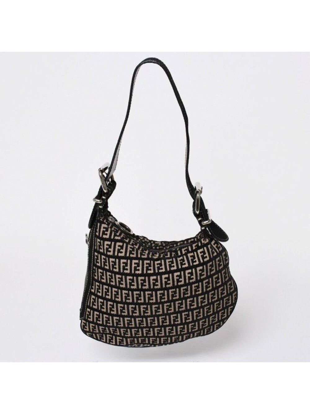 Fendi Zucchino Oyster Bag Canvas Leather Black Beige Silver
